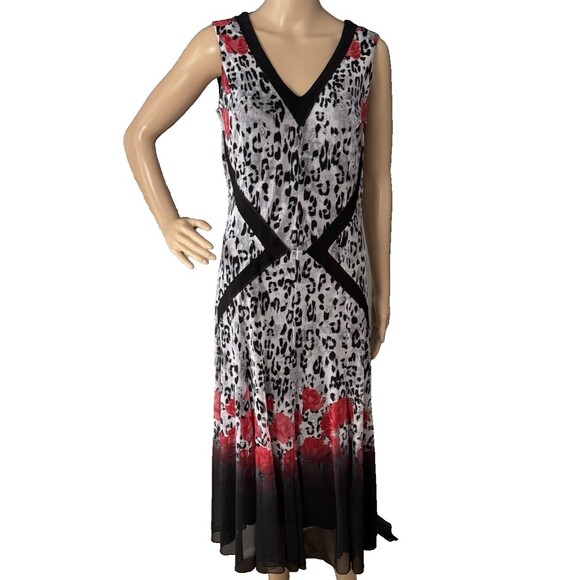 Picadilly Midi Dress Small Snow Leopard Red Rose Print Sleeveless Mesh V-Neck - Picture 1 of 12